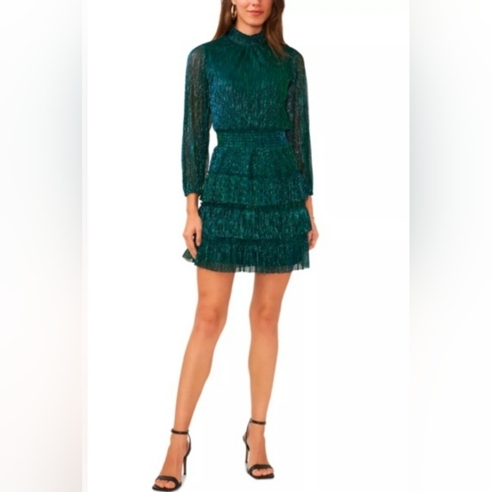 1. State Women's Shimmery Metallic Green Long Sleeve Smocked Tiered Mini...
